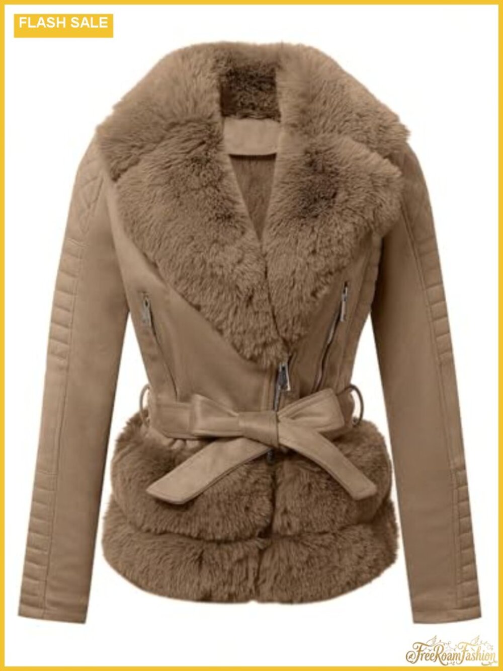 Faux Leather Suede Moto Biker Jacket Cropped Fur Collar Belted Coat